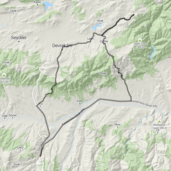 Map miniature of "Kastamonu to Sinop via Devrekani" cycling inspiration in Kastamonu, Çankırı, Sinop, Turkey. Generated by Tarmacs.app cycling route planner