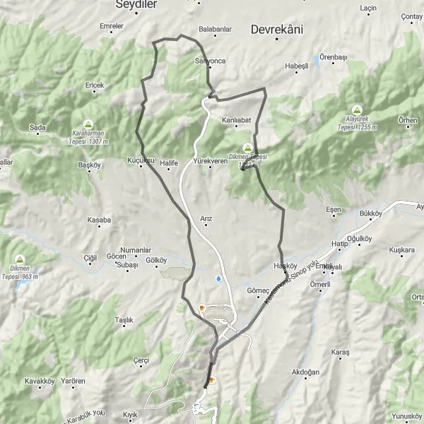 Map miniature of "Scenic Road Cycling in Kastamonu" cycling inspiration in Kastamonu, Çankırı, Sinop, Turkey. Generated by Tarmacs.app cycling route planner
