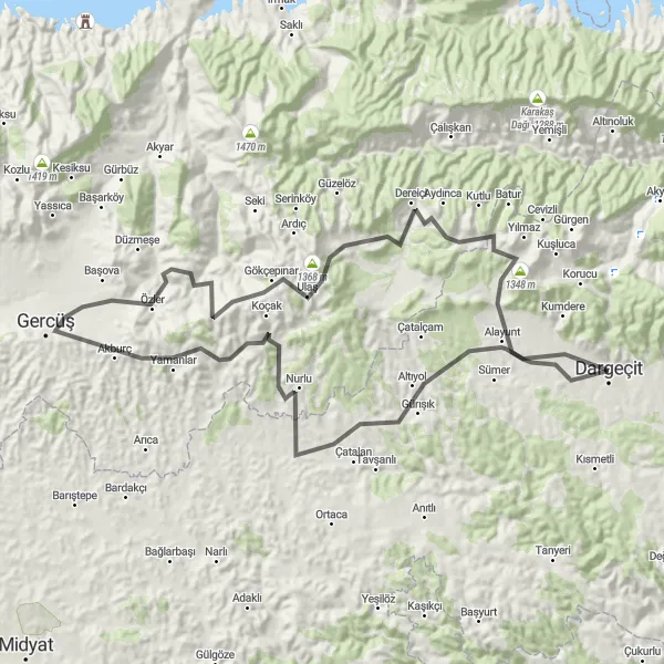 Map miniature of "Nature's Marvels" cycling inspiration in Mardin, Batman, Şırnak, Siirt, Turkey. Generated by Tarmacs.app cycling route planner