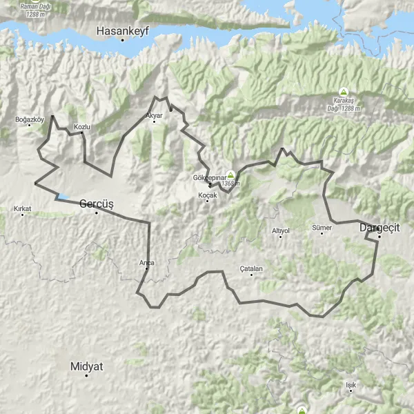 Map miniature of "Dargeçit Explorer" cycling inspiration in Mardin, Batman, Şırnak, Siirt, Turkey. Generated by Tarmacs.app cycling route planner