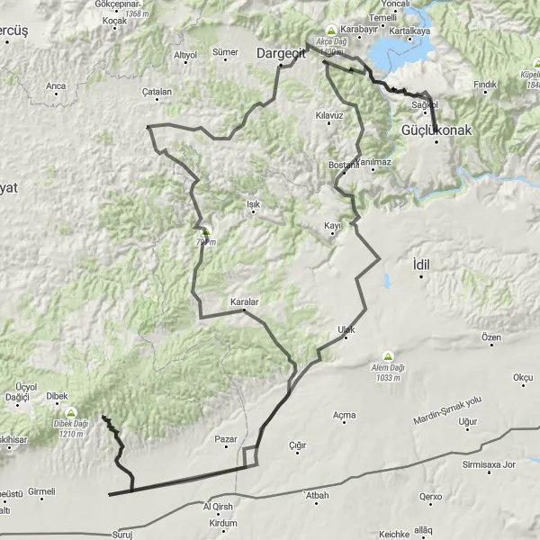 Map miniature of "Şırnak to Güneli Epic Ride" cycling inspiration in Mardin, Batman, Şırnak, Siirt, Turkey. Generated by Tarmacs.app cycling route planner