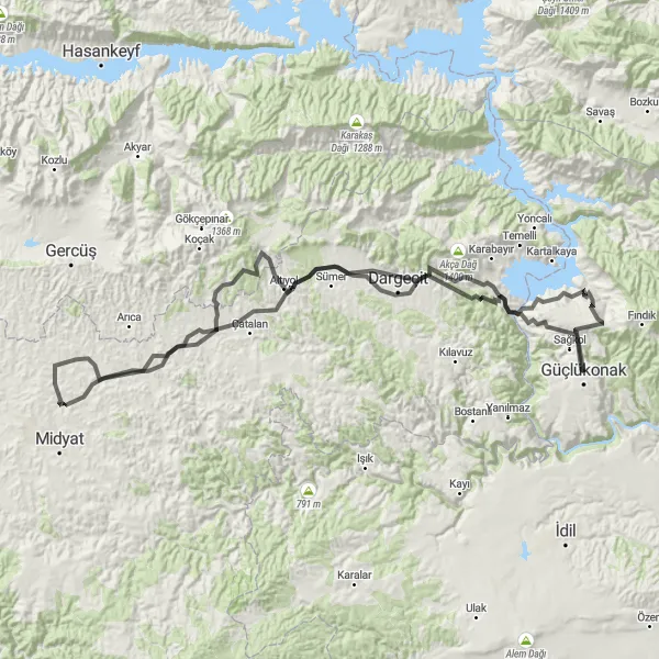 Map miniature of "Siirt to Dargeçit Loop" cycling inspiration in Mardin, Batman, Şırnak, Siirt, Turkey. Generated by Tarmacs.app cycling route planner