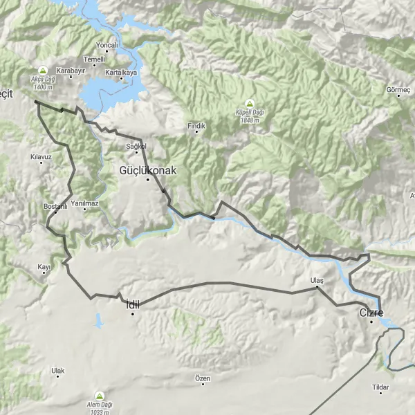 Map miniature of "Venture Through Nature and Discover Hidden Gems" cycling inspiration in Mardin, Batman, Şırnak, Siirt, Turkey. Generated by Tarmacs.app cycling route planner