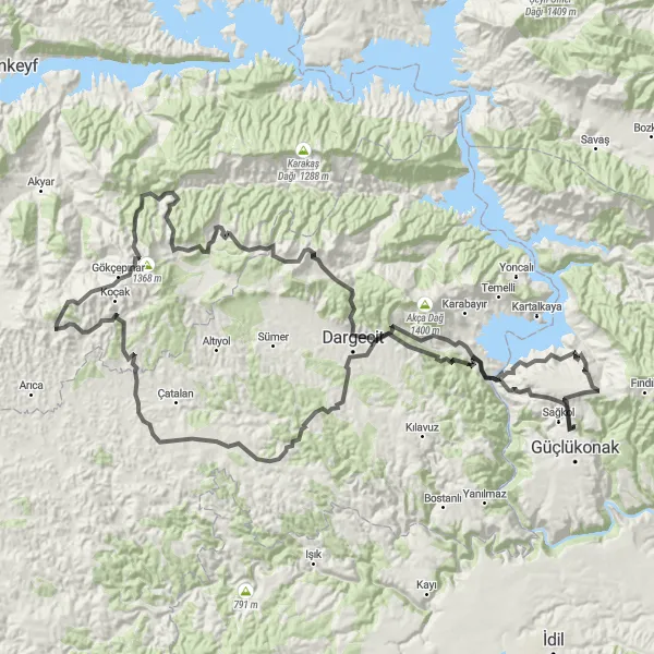 Map miniature of "Güçlükonak to Mardin and Back" cycling inspiration in Mardin, Batman, Şırnak, Siirt, Turkey. Generated by Tarmacs.app cycling route planner