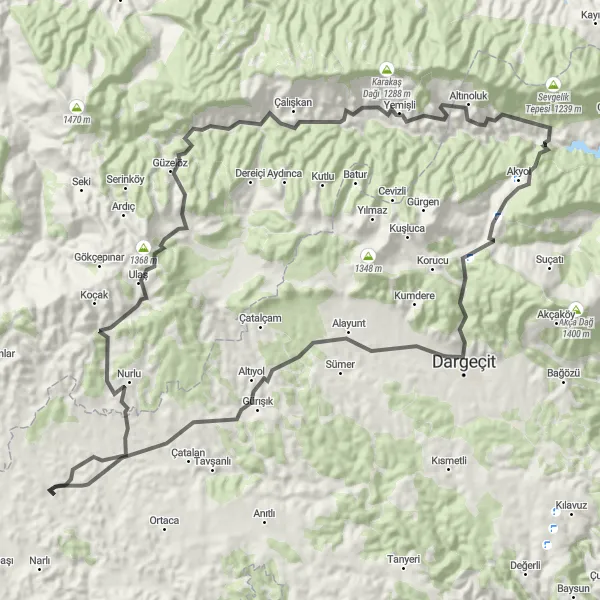 Map miniature of "Gülveren to İzbırak Round-Trip" cycling inspiration in Mardin, Batman, Şırnak, Siirt, Turkey. Generated by Tarmacs.app cycling route planner