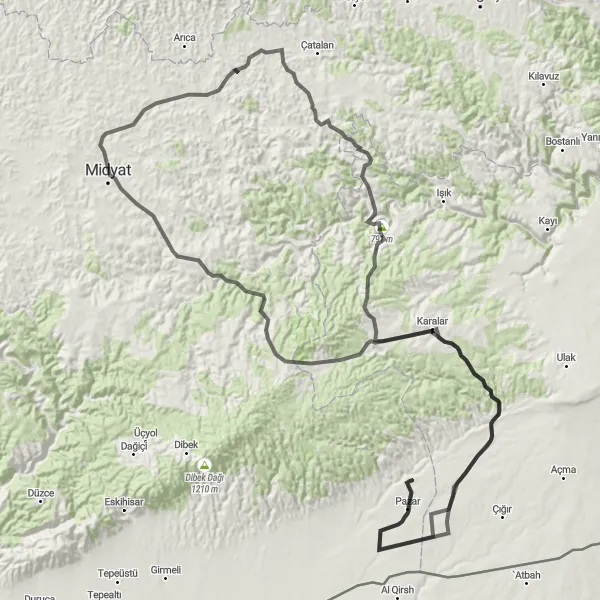 Map miniature of "Mardin İzbırak Loop" cycling inspiration in Mardin, Batman, Şırnak, Siirt, Turkey. Generated by Tarmacs.app cycling route planner