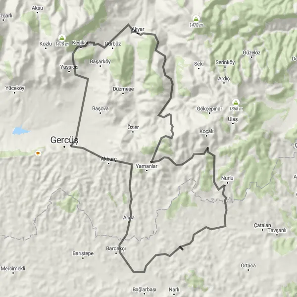 Map miniature of "Batman Gercüş Loop" cycling inspiration in Mardin, Batman, Şırnak, Siirt, Turkey. Generated by Tarmacs.app cycling route planner