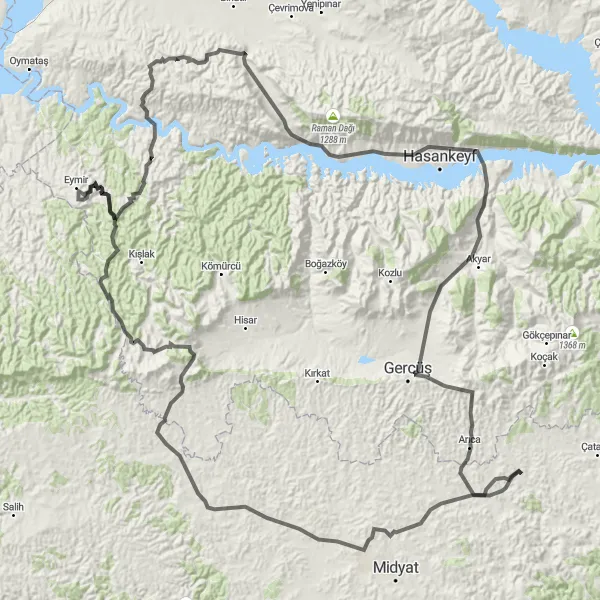 Map miniature of "Gülveren to Doruk Round-Trip" cycling inspiration in Mardin, Batman, Şırnak, Siirt, Turkey. Generated by Tarmacs.app cycling route planner