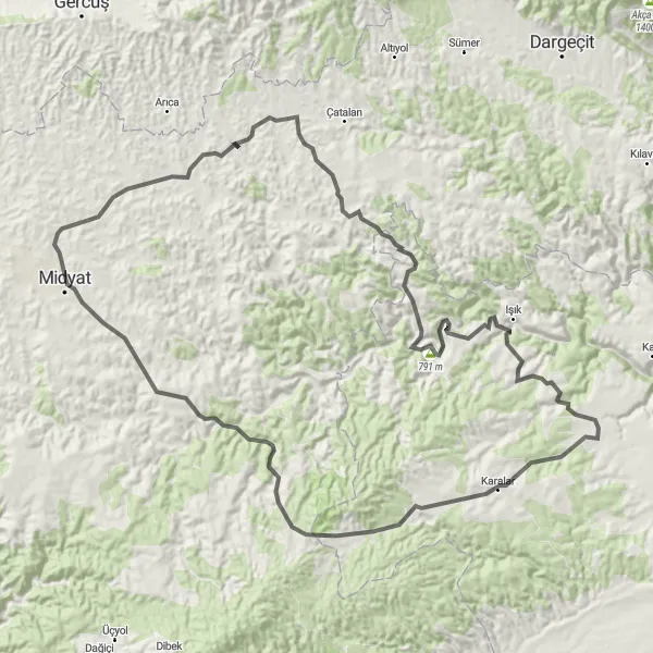 Map miniature of "Gülveren to Yayvantepe Round-Trip" cycling inspiration in Mardin, Batman, Şırnak, Siirt, Turkey. Generated by Tarmacs.app cycling route planner