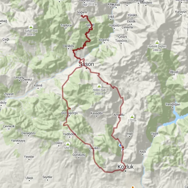 Map miniature of "Gravel Adventure through Ancient Sites" cycling inspiration in Mardin, Batman, Şırnak, Siirt, Turkey. Generated by Tarmacs.app cycling route planner