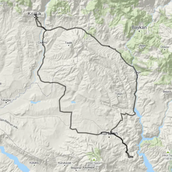 Map miniature of "Kurtalan and Zenga Tepesi Loop" cycling inspiration in Mardin, Batman, Şırnak, Siirt, Turkey. Generated by Tarmacs.app cycling route planner