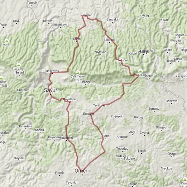 Map miniature of "The Ömerli Gravel Adventure" cycling inspiration in Mardin, Batman, Şırnak, Siirt, Turkey. Generated by Tarmacs.app cycling route planner