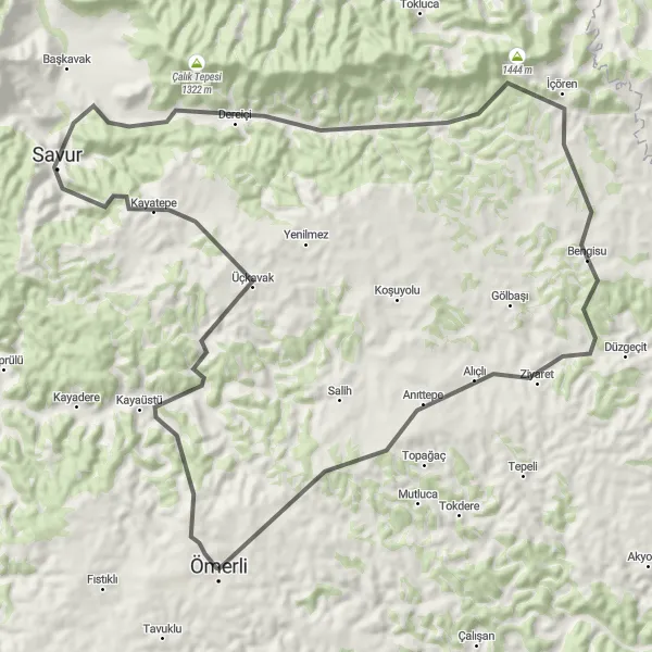 Map miniature of "Ömerli to Savur Loop" cycling inspiration in Mardin, Batman, Şırnak, Siirt, Turkey. Generated by Tarmacs.app cycling route planner