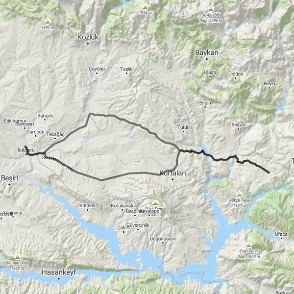 Map miniature of "Siirt-Kurtalan-Zenga Tepesi-Batı Mah. Loop" cycling inspiration in Mardin, Batman, Şırnak, Siirt, Turkey. Generated by Tarmacs.app cycling route planner