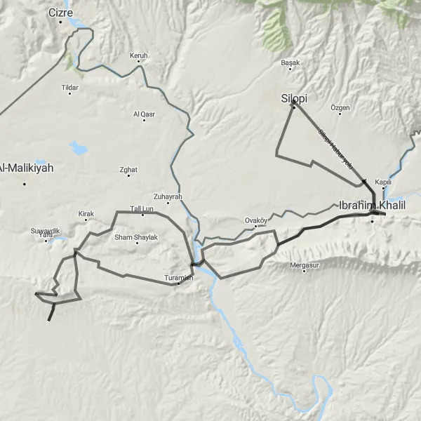 Map miniature of "Silopi - Şırnak Round-trip" cycling inspiration in Mardin, Batman, Şırnak, Siirt, Turkey. Generated by Tarmacs.app cycling route planner