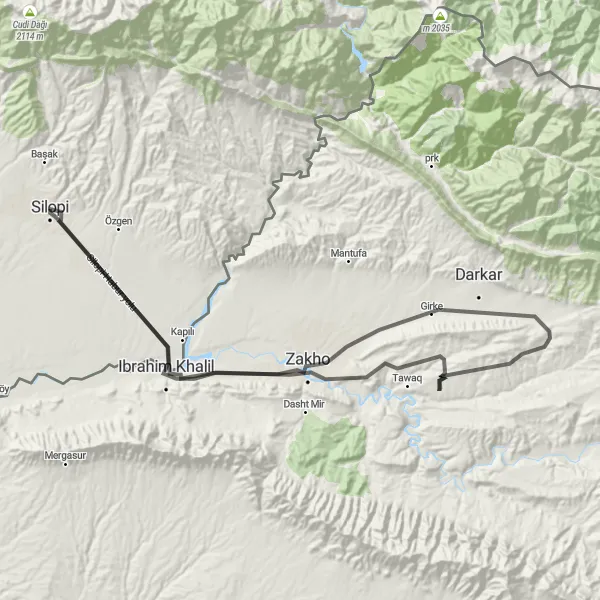 Map miniature of "Silopi to Dalal Bridge Route" cycling inspiration in Mardin, Batman, Şırnak, Siirt, Turkey. Generated by Tarmacs.app cycling route planner