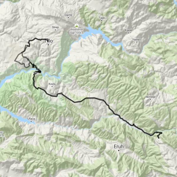 Map miniature of "In Search of Scenic Beauty: Tillo to Doğan Mah" cycling inspiration in Mardin, Batman, Şırnak, Siirt, Turkey. Generated by Tarmacs.app cycling route planner