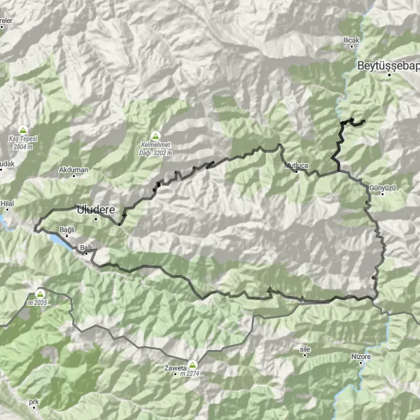 Map miniature of "Uludere - Şırnak Circular Route" cycling inspiration in Mardin, Batman, Şırnak, Siirt, Turkey. Generated by Tarmacs.app cycling route planner