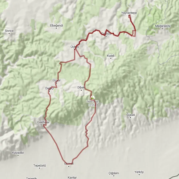 Map miniature of "Yayvantepe to Dibek Dağı Gravel Adventure" cycling inspiration in Mardin, Batman, Şırnak, Siirt, Turkey. Generated by Tarmacs.app cycling route planner