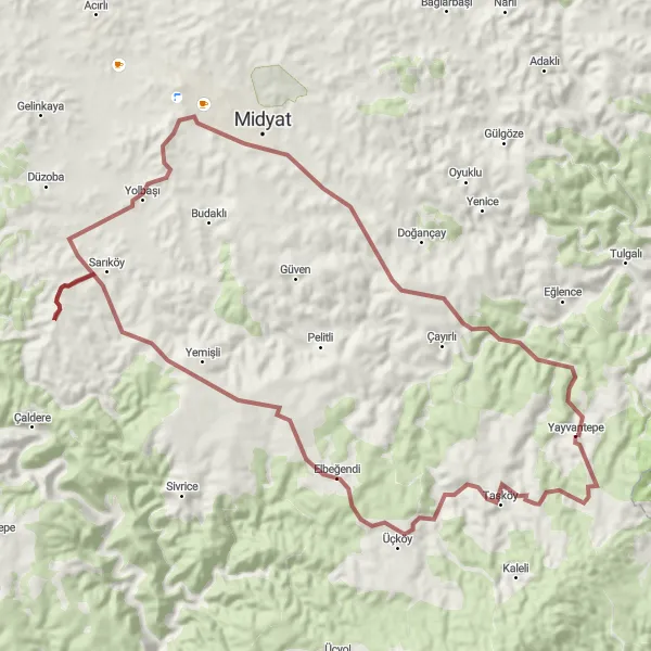 Map miniature of "Yayvantepe to Elbeğendi Gravel Cycling Route" cycling inspiration in Mardin, Batman, Şırnak, Siirt, Turkey. Generated by Tarmacs.app cycling route planner
