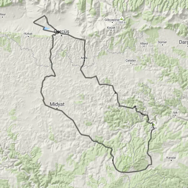 Map miniature of "Yayvantepe to Mağaraköy Road Cycling Route" cycling inspiration in Mardin, Batman, Şırnak, Siirt, Turkey. Generated by Tarmacs.app cycling route planner