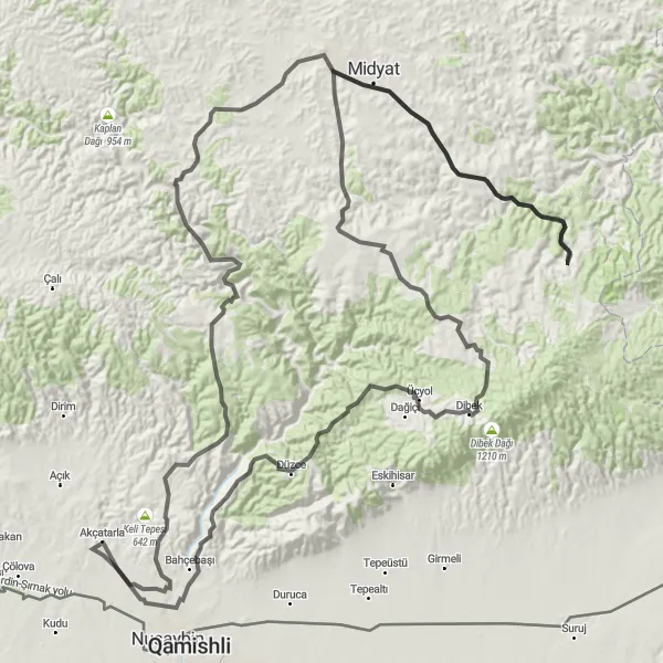 Map miniature of "Yayvantepe to Midyat Cultural Discovery" cycling inspiration in Mardin, Batman, Şırnak, Siirt, Turkey. Generated by Tarmacs.app cycling route planner