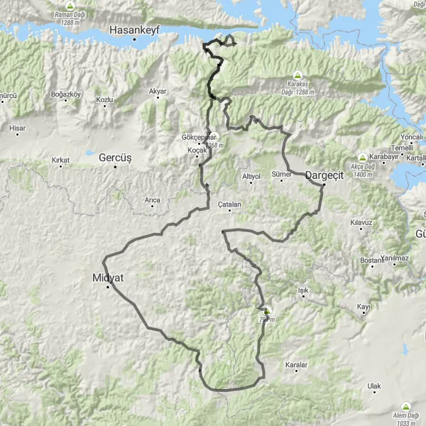 Map miniature of "Yayvantepe to Mağaraköy Road Cycling Route (Extended)" cycling inspiration in Mardin, Batman, Şırnak, Siirt, Turkey. Generated by Tarmacs.app cycling route planner