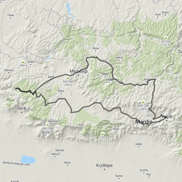 Map miniature of "Yeşilli-Şırnak-Siirt-Yeşilli" cycling inspiration in Mardin, Batman, Şırnak, Siirt, Turkey. Generated by Tarmacs.app cycling route planner