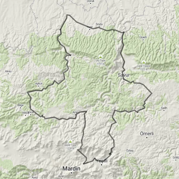 Map miniature of "Kabala and Sürgücü Adventure" cycling inspiration in Mardin, Batman, Şırnak, Siirt, Turkey. Generated by Tarmacs.app cycling route planner