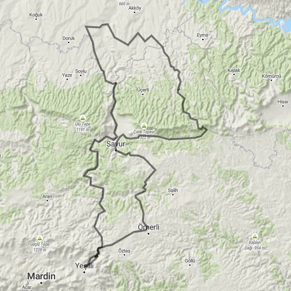 Map miniature of "Mardin to Yeşilli Loop" cycling inspiration in Mardin, Batman, Şırnak, Siirt, Turkey. Generated by Tarmacs.app cycling route planner