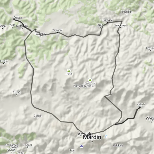Map miniature of "Mardin and Sultanköy Loop" cycling inspiration in Mardin, Batman, Şırnak, Siirt, Turkey. Generated by Tarmacs.app cycling route planner