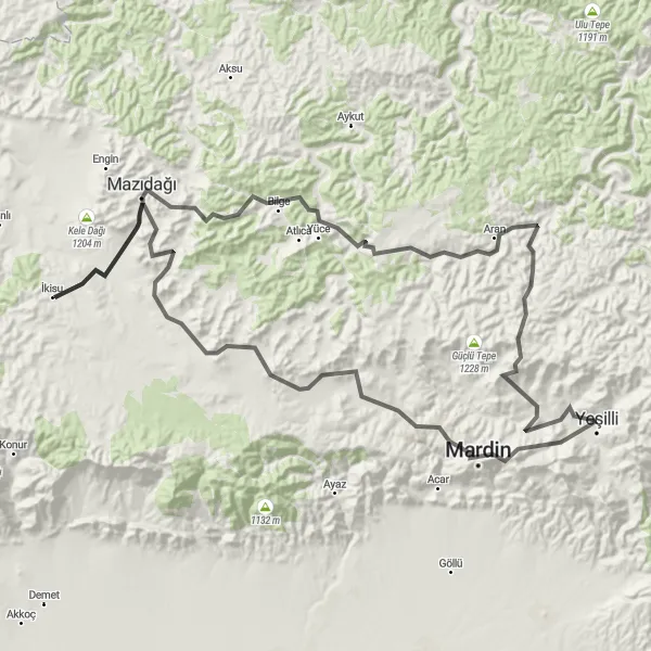 Map miniature of "Mardin and Mazıdağı Adventure" cycling inspiration in Mardin, Batman, Şırnak, Siirt, Turkey. Generated by Tarmacs.app cycling route planner