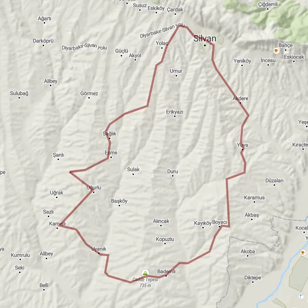 Map miniature of "Silvan Gravel Ride" cycling inspiration in Şanlıurfa, Diyarbakır, Turkey. Generated by Tarmacs.app cycling route planner