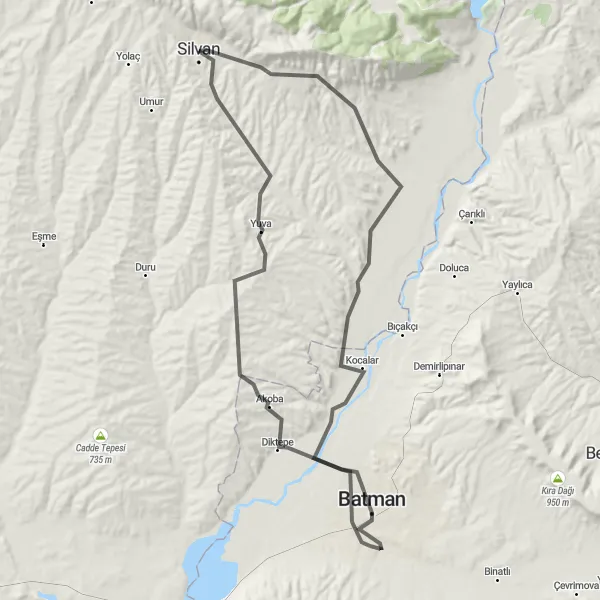 Map miniature of "Silvan to Batman Road Cycling" cycling inspiration in Şanlıurfa, Diyarbakır, Turkey. Generated by Tarmacs.app cycling route planner