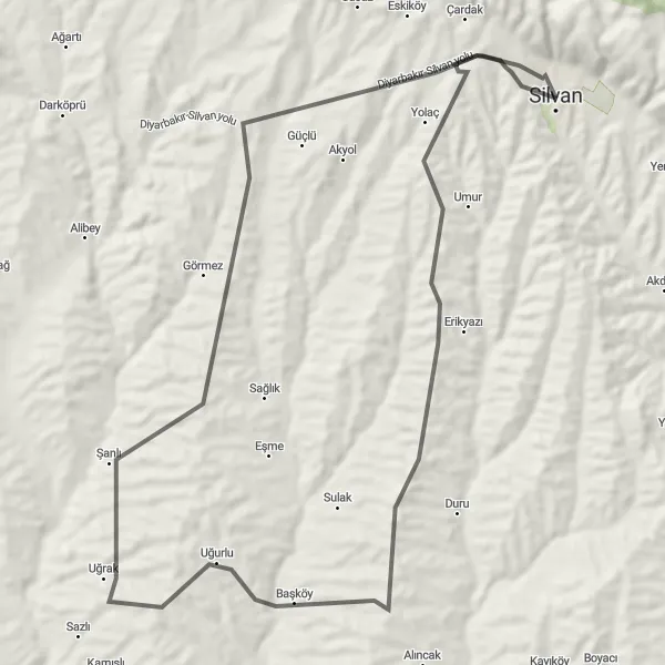Map miniature of "Silvan-Şanlıurfa Round Trip" cycling inspiration in Şanlıurfa, Diyarbakır, Turkey. Generated by Tarmacs.app cycling route planner