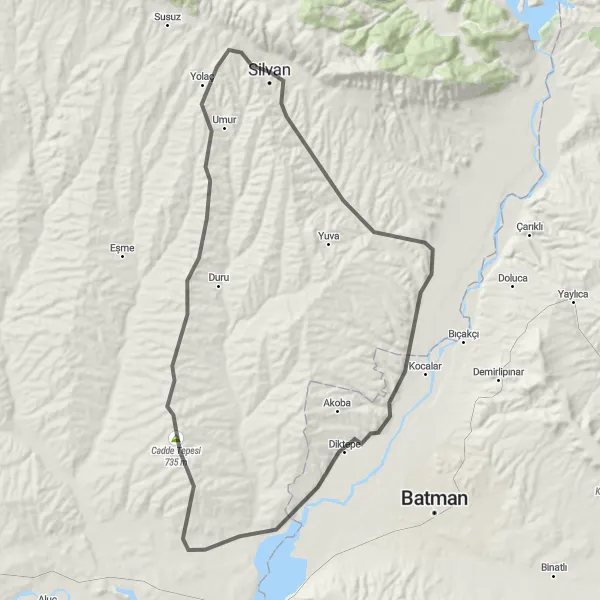 Map miniature of "Silvan-Diyarbakır Round Trip" cycling inspiration in Şanlıurfa, Diyarbakır, Turkey. Generated by Tarmacs.app cycling route planner