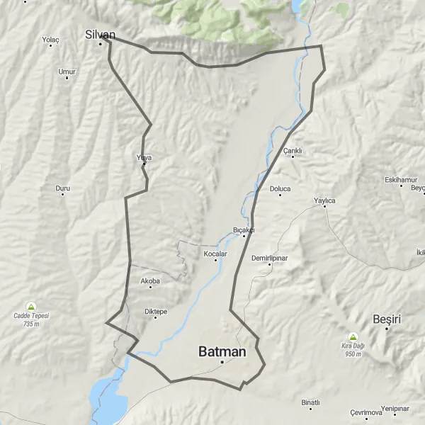 Map miniature of "Silvan-Şanlıurfa-Mirzabey Round Trip" cycling inspiration in Şanlıurfa, Diyarbakır, Turkey. Generated by Tarmacs.app cycling route planner