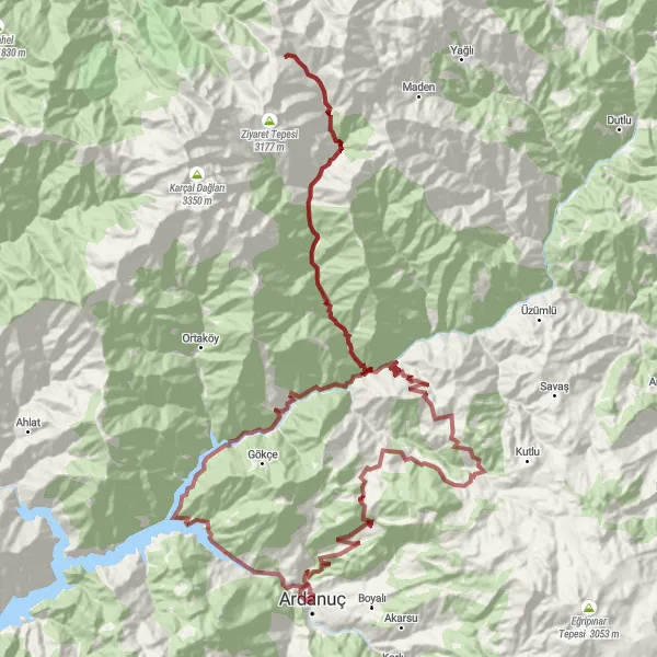 Map miniature of "Giresun - Rize Gravel Adventure" cycling inspiration in Trabzon, Ordu, Giresun, Rize, Artvin, Gümüşhane, Turkey. Generated by Tarmacs.app cycling route planner