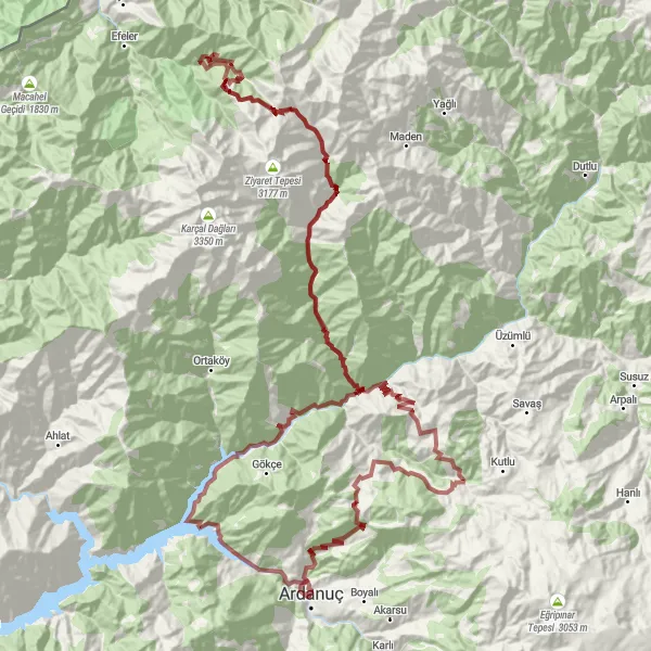 Map miniature of "Gravel Adventure" cycling inspiration in Trabzon, Ordu, Giresun, Rize, Artvin, Gümüşhane, Turkey. Generated by Tarmacs.app cycling route planner