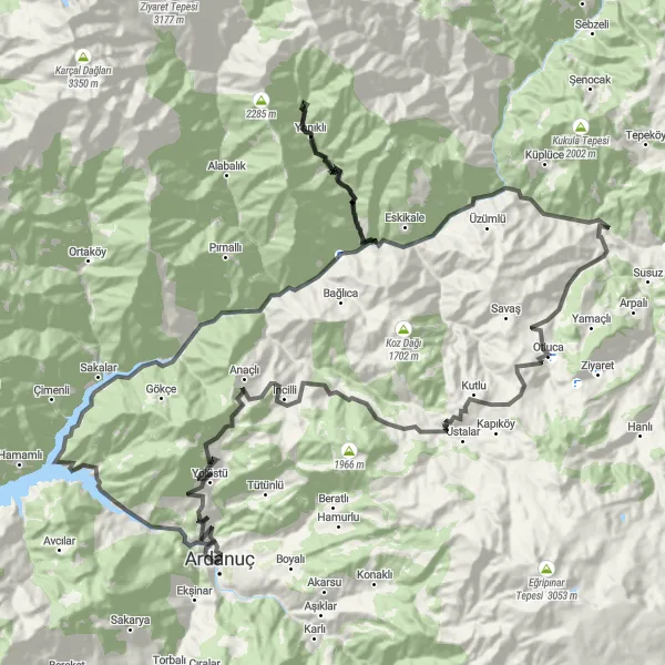 Map miniature of "Sakalar Challenge" cycling inspiration in Trabzon, Ordu, Giresun, Rize, Artvin, Gümüşhane, Turkey. Generated by Tarmacs.app cycling route planner