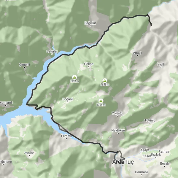 Map miniature of "Scenic Road Adventure in Giresun" cycling inspiration in Trabzon, Ordu, Giresun, Rize, Artvin, Gümüşhane, Turkey. Generated by Tarmacs.app cycling route planner