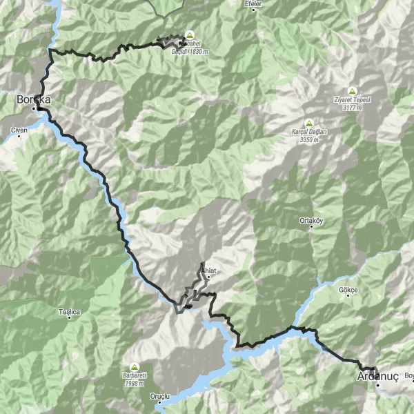 Map miniature of "Borçka Discovery" cycling inspiration in Trabzon, Ordu, Giresun, Rize, Artvin, Gümüşhane, Turkey. Generated by Tarmacs.app cycling route planner