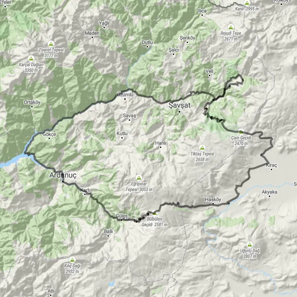 Map miniature of "Mountain Paradise" cycling inspiration in Trabzon, Ordu, Giresun, Rize, Artvin, Gümüşhane, Turkey. Generated by Tarmacs.app cycling route planner