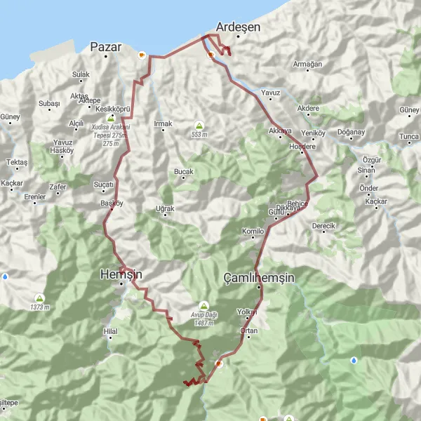 Map miniature of "Ardeşen - Çamlıhemşin Gravel Loop" cycling inspiration in Trabzon, Ordu, Giresun, Rize, Artvin, Gümüşhane, Turkey. Generated by Tarmacs.app cycling route planner