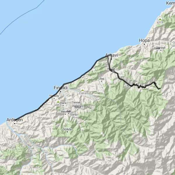 Map miniature of "Ardeşen - Güngören Loop" cycling inspiration in Trabzon, Ordu, Giresun, Rize, Artvin, Gümüşhane, Turkey. Generated by Tarmacs.app cycling route planner