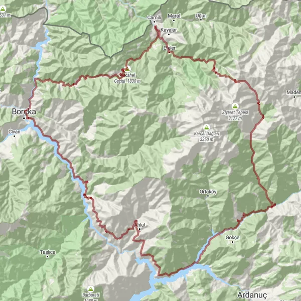 Map miniature of "Gravel Adventure: Borçka to Hamamlı" cycling inspiration in Trabzon, Ordu, Giresun, Rize, Artvin, Gümüşhane, Turkey. Generated by Tarmacs.app cycling route planner