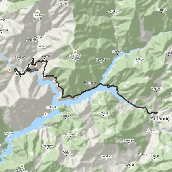 Map miniature of "Artvin to Ferhatlı Castle Loop" cycling inspiration in Trabzon, Ordu, Giresun, Rize, Artvin, Gümüşhane, Turkey. Generated by Tarmacs.app cycling route planner