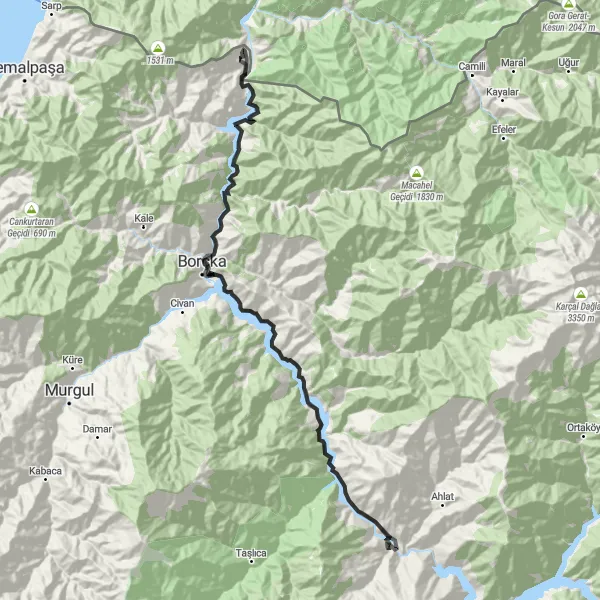 Map miniature of "Artvin to Borçka Loop" cycling inspiration in Trabzon, Ordu, Giresun, Rize, Artvin, Gümüşhane, Turkey. Generated by Tarmacs.app cycling route planner
