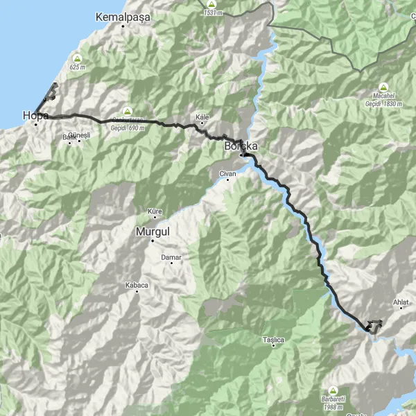 Map miniature of "Hopa Coastline Adventure" cycling inspiration in Trabzon, Ordu, Giresun, Rize, Artvin, Gümüşhane, Turkey. Generated by Tarmacs.app cycling route planner