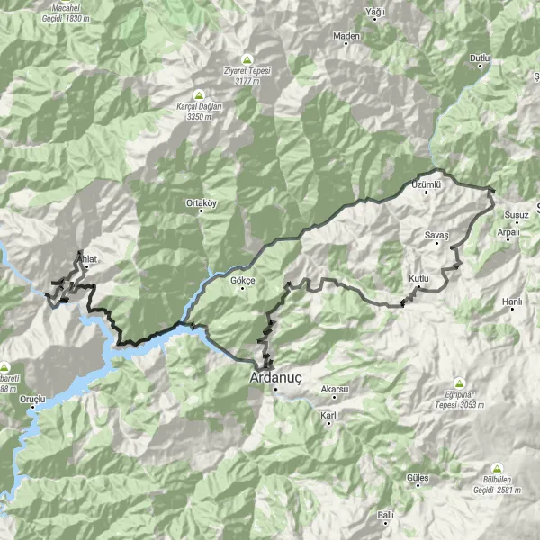 Map miniature of "Artvin Highlights Cycling Route" cycling inspiration in Trabzon, Ordu, Giresun, Rize, Artvin, Gümüşhane, Turkey. Generated by Tarmacs.app cycling route planner